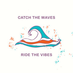 Wavy Surf Vector with Dual Summer Quotes – Catch the Waves, Ride the Vibes. Dynamic wave icon with retro color and bold quote. Ideal for surf apparel, music festival visuals, or summer aesthetics