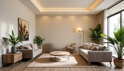 Modern living room, beige walls, wooden furniture and grey sofa, decorated with tropical green palm leaves, bright yellow lights throughout the room, split view, ambient light.