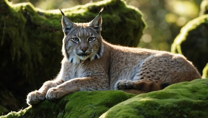 Majestic Eurasian Lynx Resting on Mossy Rocks in Sunlight
