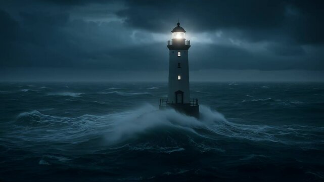 Lighthouse in stormy sea at night guiding light