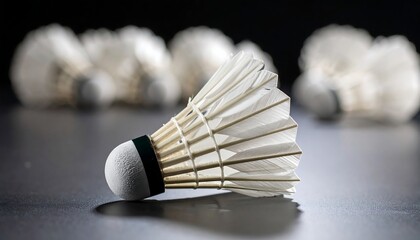 Shuttlecocks on dark surface.