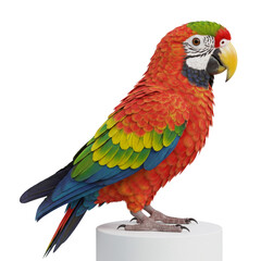 Colorful Scarlet Macaw Parrot with Red, Green, Yellow, and Blue Feathers Perched on a White Stand Isolated on White Background