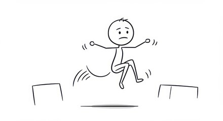 Stick Figure Leaping Over Obstacles with a Worried Expression