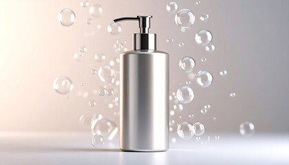 Silver pump bottle with bubbles, and background.