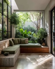 Naklejka premium Secluded seating area with a garden view.