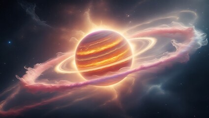 Obraz premium Fiery Planet with Glowing Rings in Cosmic Nebula Stunning Space Art