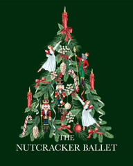 Nutcracker, ballerina, mouse king, candy cane, candle, bow, mistletoe, serpentine, fir branch, Christmas tree. Ballet winter poster.	