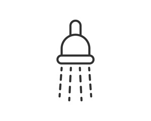 Simple line art icon of a shower head with water droplets falling. Symbolizes cleanliness, hygiene, washing, bathroom, and relaxation. Use for web design, app icons, or print materials.