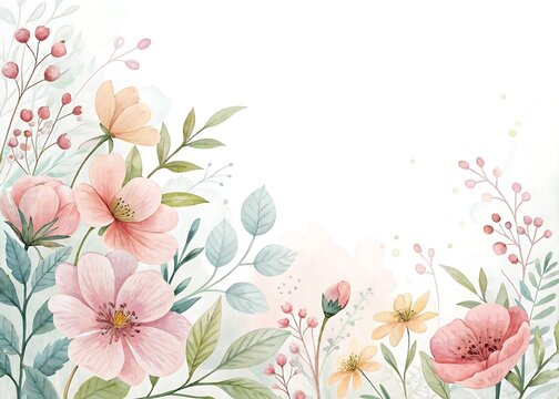 Watercolor floral arrangement in pastel hues with blossoms, leaves and berries