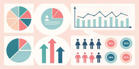 Illustration of various data charts including pie charts, bar graphs, and gender data