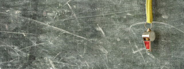 whistle of soccer referee or trainer with soccer tactics scribble on blackboard. Great soccer event...