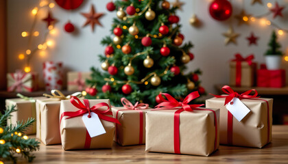 Festive Christmas Scene with Wrapped Gifts Under a Tree with Ornaments and Twinkling Fairy Lights
