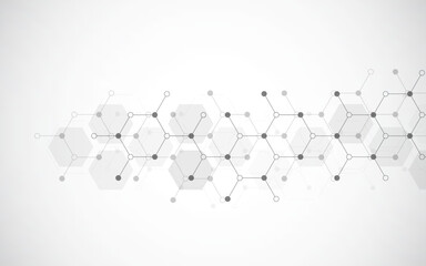 Hexagons pattern on gray background. Genetic research, molecular structure. Chemical engineering. Concept of innovation technology. Used for design healthcare, science and medicine background