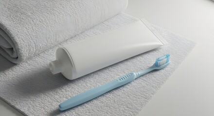 Fototapeta premium Blank toothpaste tube lying next to toothbrush, on white towel