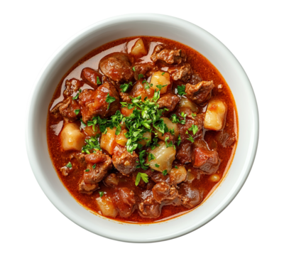 A bowl of beef stew with parsley on top