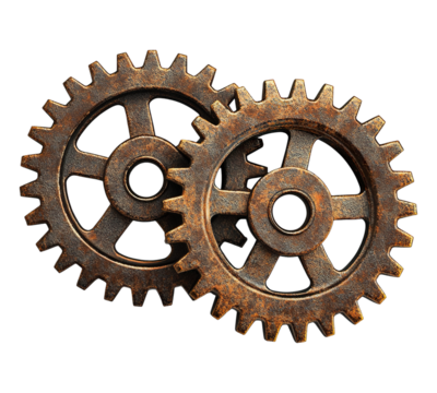 Two old rusty gears are shown side by side