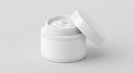 White cosmetic jar with blank label, lid slightly open, top view