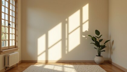 Fototapeta premium Bright and Airy Room with Large Windows and Indoor Plant Casting Beautiful Shadows on Wall