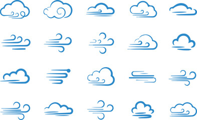 Blue Weather Icon Set, Clouds and Wind, Sky Symbols, Isolated on White