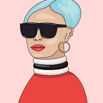 Woman With Short Blue Hair, Sunglasses, Big Necklace and Red Lips	