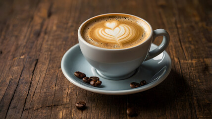 Obraz premium cup of coffee on wooden table, ai generated