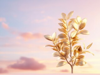 Golden money tree against serene sunset sky