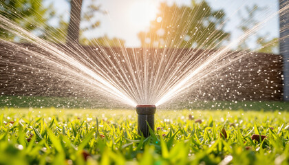Lawn sprinkler watering grass in sunlight during summer afternoon  
