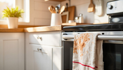 Cozy kitchen with modern appliances and towel hanging on oven  