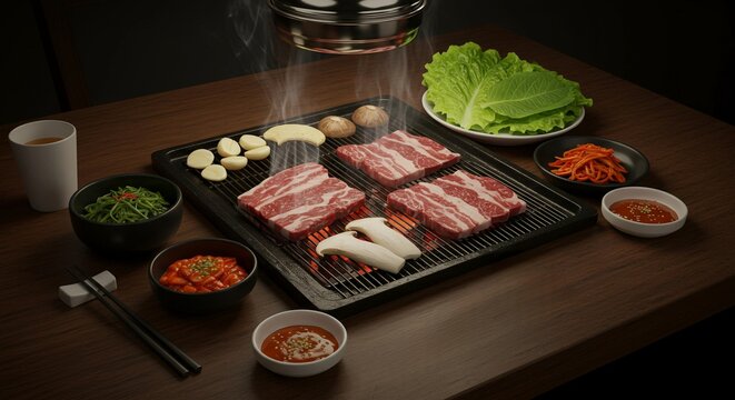 Korean BBQ Grill with Samgyeopsal and Side Dishes &ndash; Dining Experience