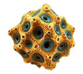 A yellow and blue blob with many holes in it