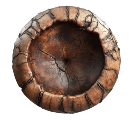 A large, cracked, and weathered wooden bowl sits on a white background
