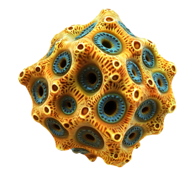 A yellow and blue blob with many holes in it