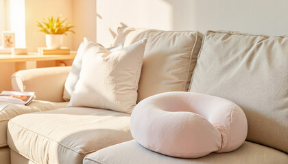 Soft pink neck pillow resting on beige couch in sunlit living room  