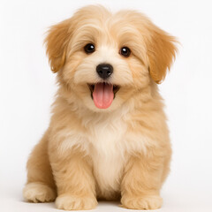 Fototapeta premium Beautiful happy reddish havanese puppy dog is sitting frontal
