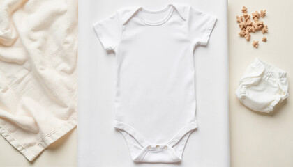 Baby onesie laid flat on white background with soft textiles nearby  