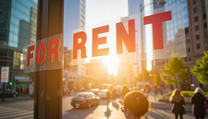 For rent sign on glass window with city street scene in the background  