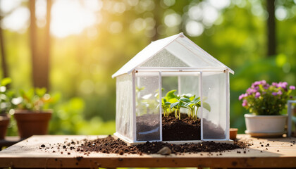Transparent greenhouse with seedlings on wooden table in garden  
