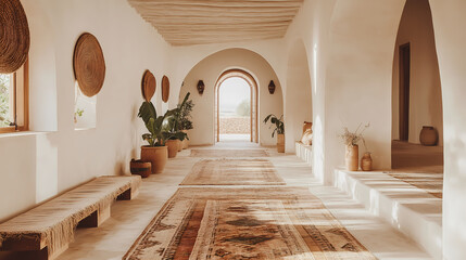 Boho-Inspired Scandinavian Hallway with Woven Rugs and Minimalist Wall Decor

