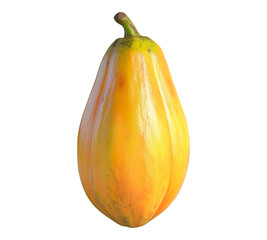 A large yellow fruit with a green stem