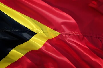 Close-Up of Timor-Leste National Flag Featuring Distinctive Red Background and Symbolic Elements