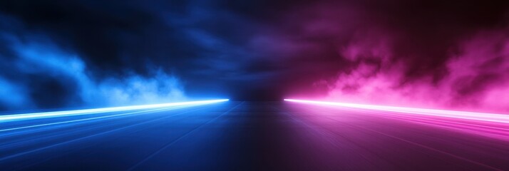 Futuristic neon lights in blue and pink haze