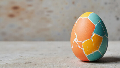 Stylish colorful Easter egg with cracked texture on neutral background