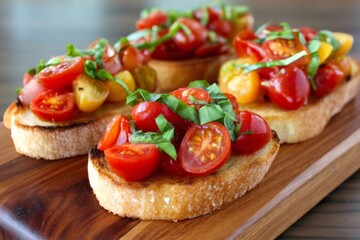 Delicious bruschetta with tomatoes and basil resting on wooden board