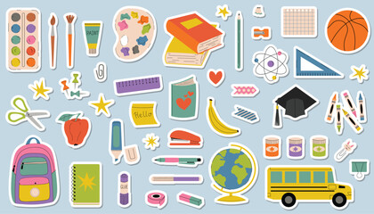 Fun and colorful set of cartoon stickers for Back to School theme. Includes stationery, student hat, school bus, books, note, and backpack. Flat style design perfect for planners and classroom decor.
