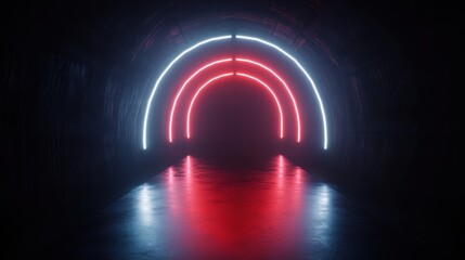 Futuristic neon tunnel with colorful light arches in the dark