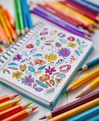 Vibrant colored pencils surround an open sketchbook featuring detailed floral patterns, creating an inspiring atmosphere for artistic endeavors and creativity