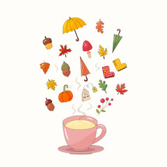 Autumn pink mug with hot tea, umbrella hovering above the mug, acorns, rubber boots, leaves, hand drawn, on a light background