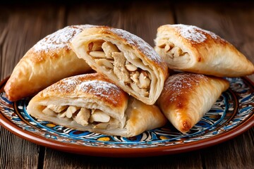 Delicious homemade chicken and almond pastries sprinkled with icing sugar