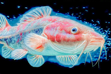 Fototapeta premium Colorful Catfish: A unique and vibrant fish with flowing fins and whisker-like barbels, set against a dark, bubble-filled backdrop.