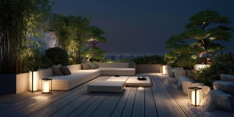 Obraz premium Stylish rooftop terrace at night with elegant lighting.